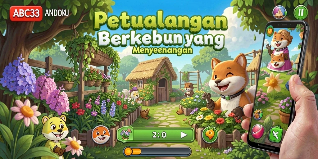 Screenshot gameplay ABC33 menampilkan ladang indah dengan berbagai tanaman.