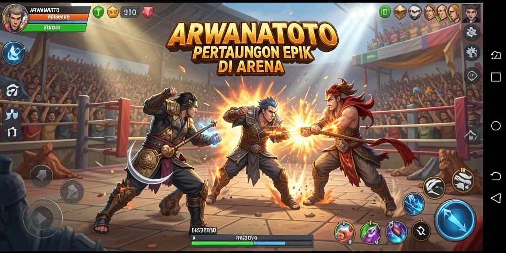 Tampilan gameplay ARWANATOTO dengan pertarungan seru di arena.