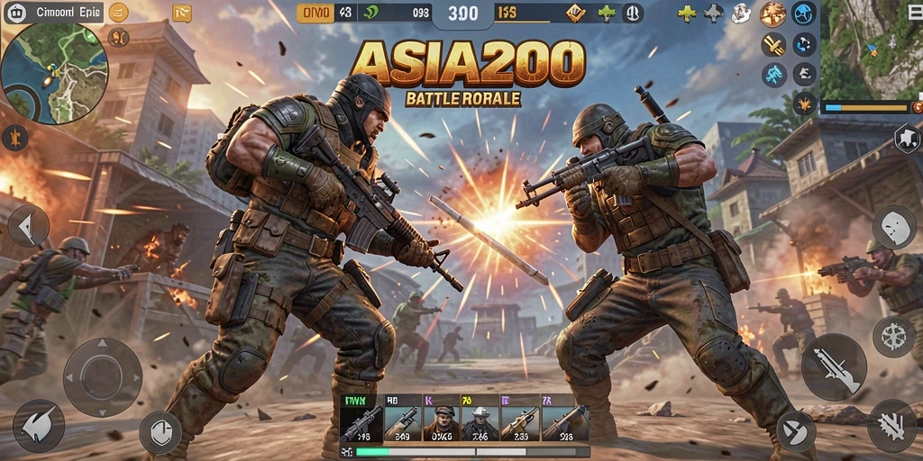 Screenshot ASIA200 menunjukkan pertarungan intens di medan perang Battle Royale.