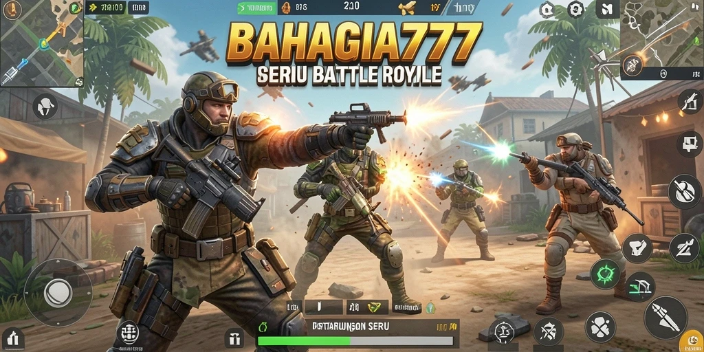 Tampilan dinamis gameplay seru BAHAGIA777 dalam pertempuran Battle Royale.