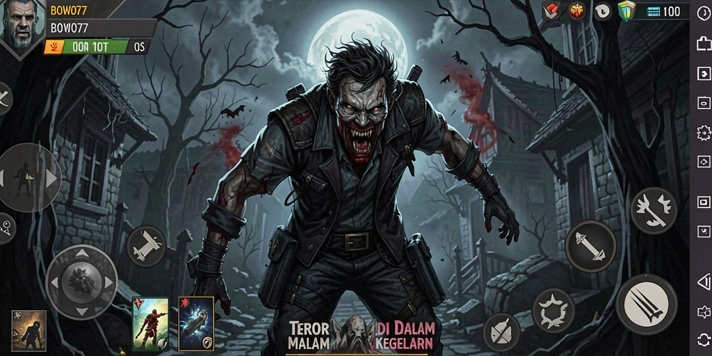 Screenshot gameplay BOWO77 menampilkan suasana horor yang mencekam dan penuh ketegangan.