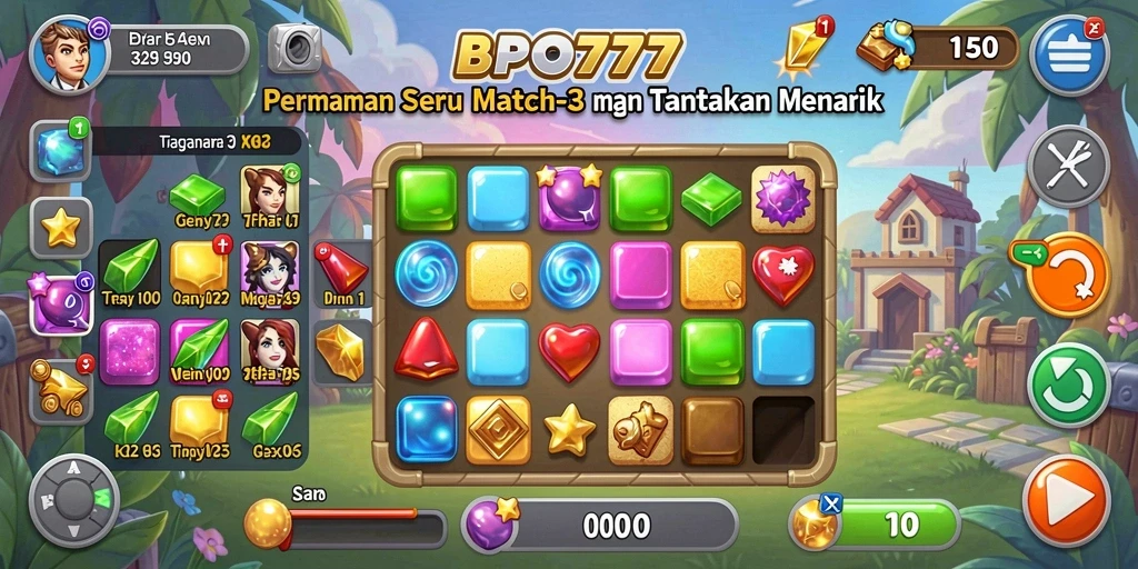 Tampilan gameplay BPO777 yang penuh warna dan tantangan Match-3.