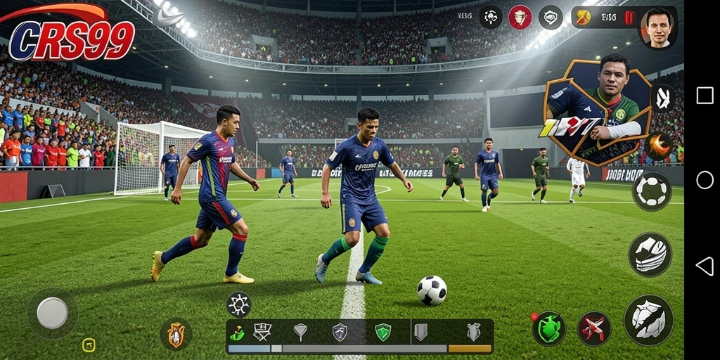 Tampilan bermain <strong>CRS99</strong> yang realistis dengan pemain dan stadion yang memukau.