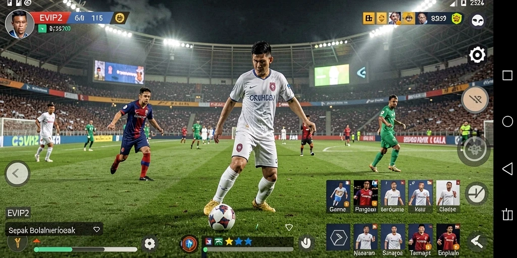 Screenshot EVIP2 menampilkan aksi mendebarkan di lapangan sepak bola.