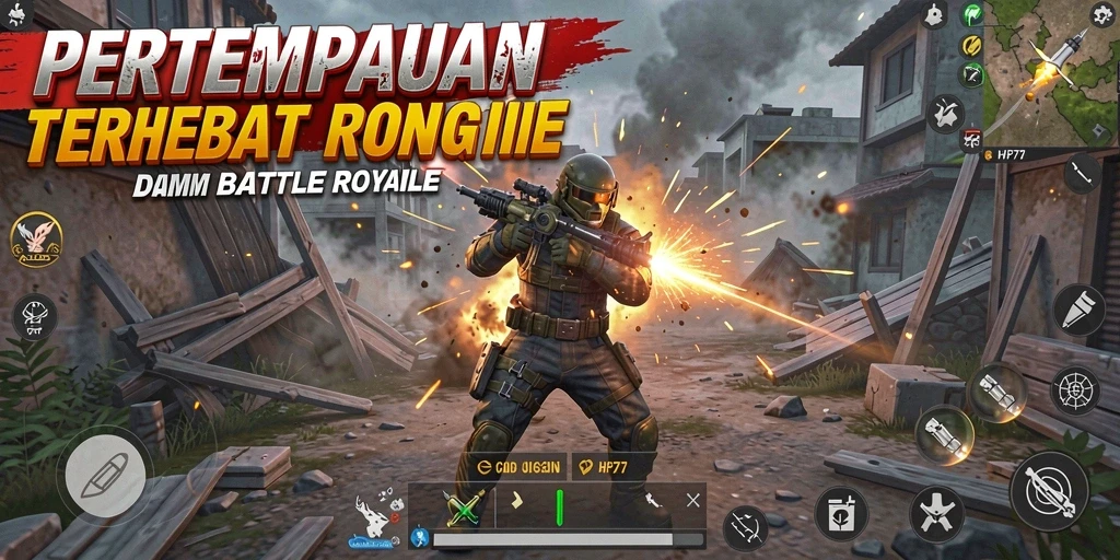 Tangkapan layar utama HP777 menunjukkan pertempuran seru di arena Battle Royale.