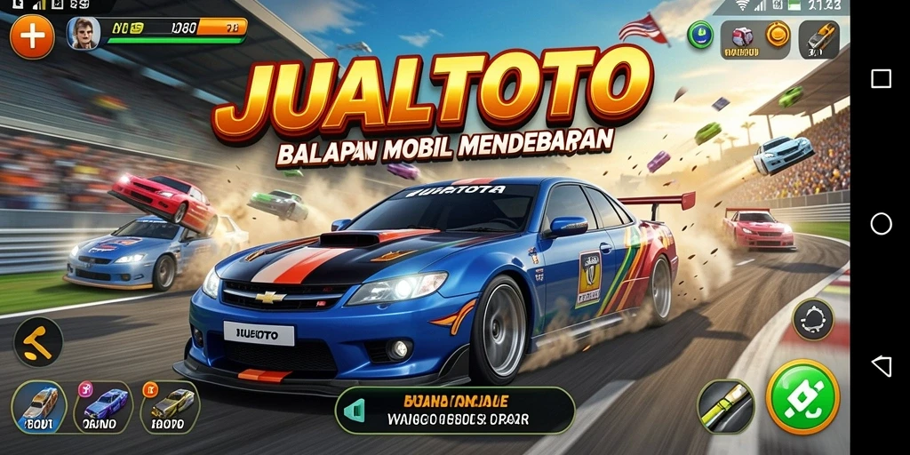 Screenshot JUALTOTO menunjukkan balapan dinamis dan grafis menawan.