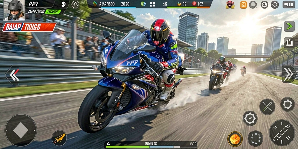 Screenshot utama PP7 menampilkan balap motor yang intens dan menegangkan.