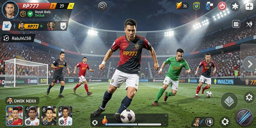 Gameplay seru dalam RP777 dengan aksi sepak bola mendebarkan.
