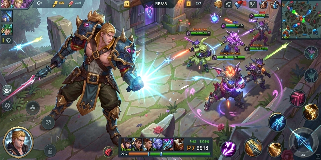 Tampilan gameplay seru RP888 dalam pertarungan MOBA yang mendebarkan.