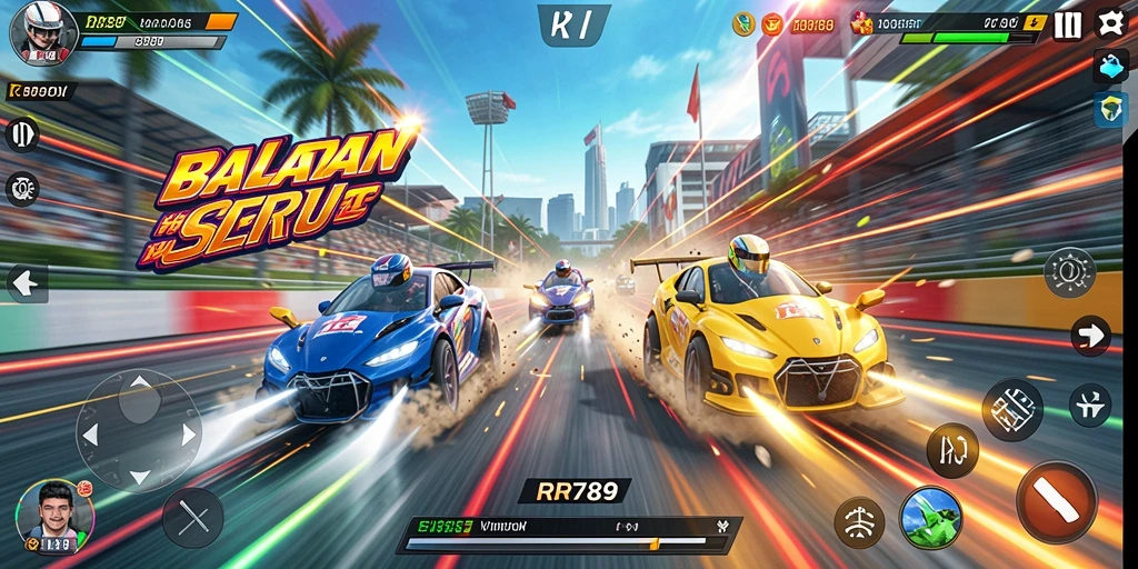 Tampilan gameplay balapan seru di RR789 dengan mobil cepat dan lintasan menantang.