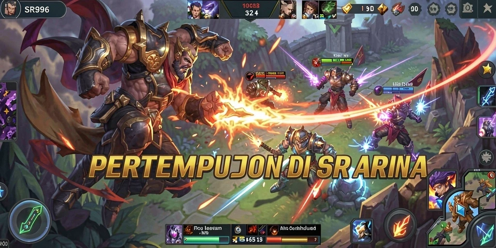 Screenshot gameplay SR996 yang menunjukkan aksi MOBA yang seru.