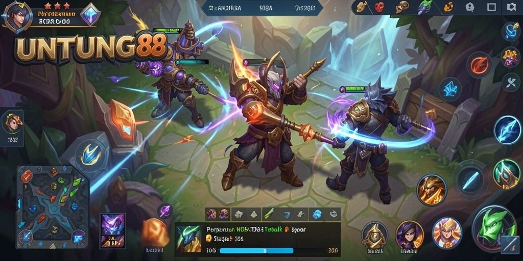 Screenshot utama menunjukkan pertarungan seru dalam game MOBA.
